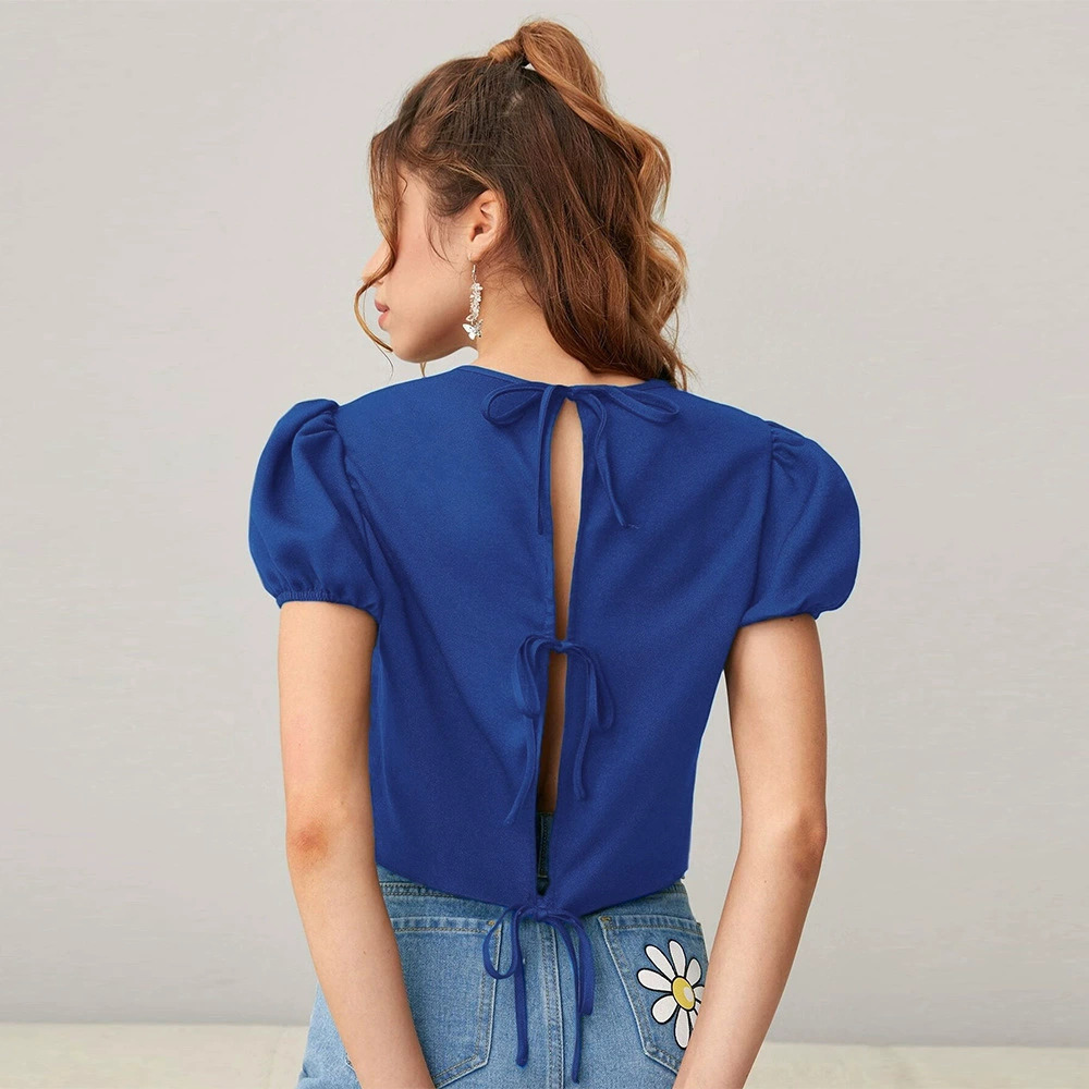 ZARA French Country Puff Sleeve Cropped Pullover Solid Round Neck Top